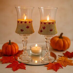 Fall-Themed Gold & Maple Leaf Crystal Candle Holders – Set of 2 Elegant Holiday